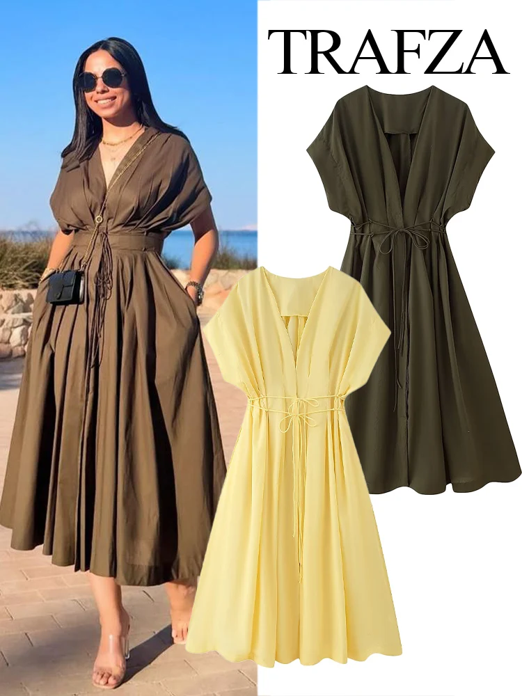 

HH Women's New Fashion V-neck Pleated Down Shoulder Short Sleeve Midi Dress Female Temperament High-waist Casual Long Dress