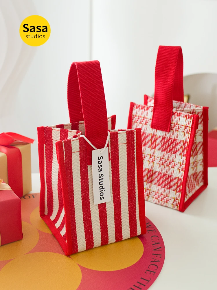 Thickened Canvas Plaid Portable Handbag Large Capacity Outing Gift Bag Storage Bag Neutral Vertical Square Shape Casual Style