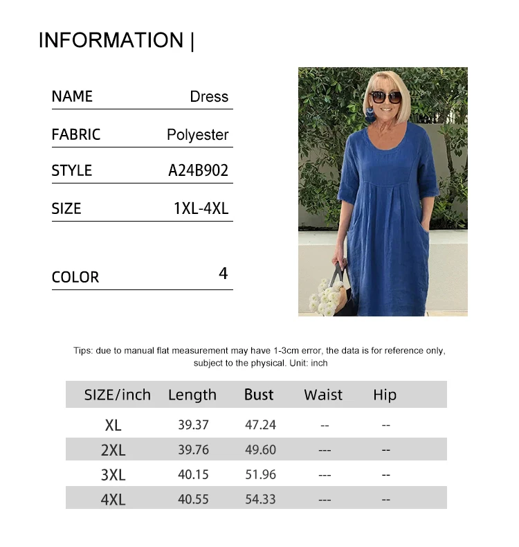 Übergrößen 1XL-5XL Damen Locker Sitzendes Baumwoll-Leinen-Kleid mit Taschen, Sommerkleid mit Rundhalsausschnitt und kurzen Ärmeln sowie Strandparty-Kleid – Detail 1