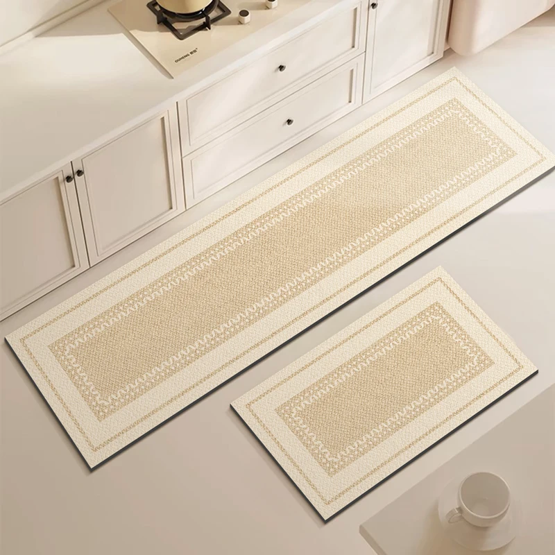 

Minimalist Off-white Kitchen Carpet PVC Waterproof Oil-proof Carpet Wave Geometric Art Mat Cream Style Restaurant Decorative Mat
