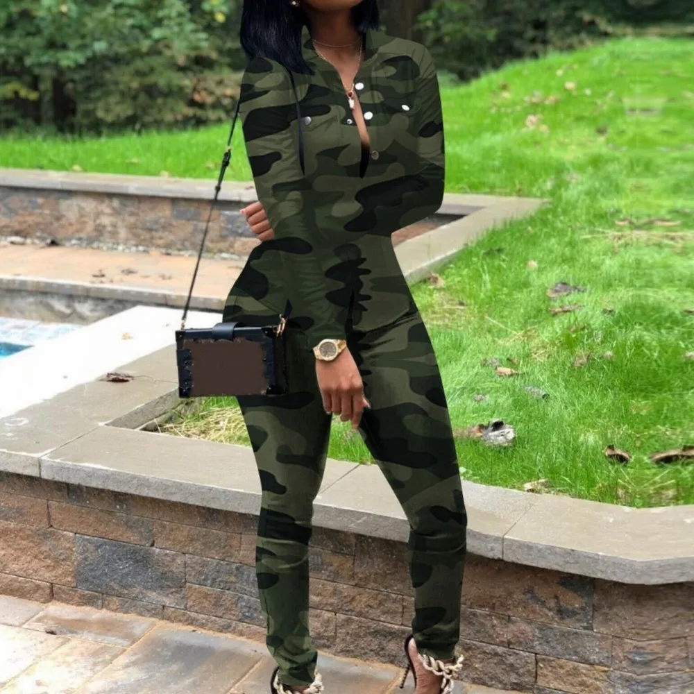 2 Piece Women Set Spring Camouflage Long Sleeve Shirt Blouse And Pants Suits Outfits Fashion Office Lady Matching Sets Outfit