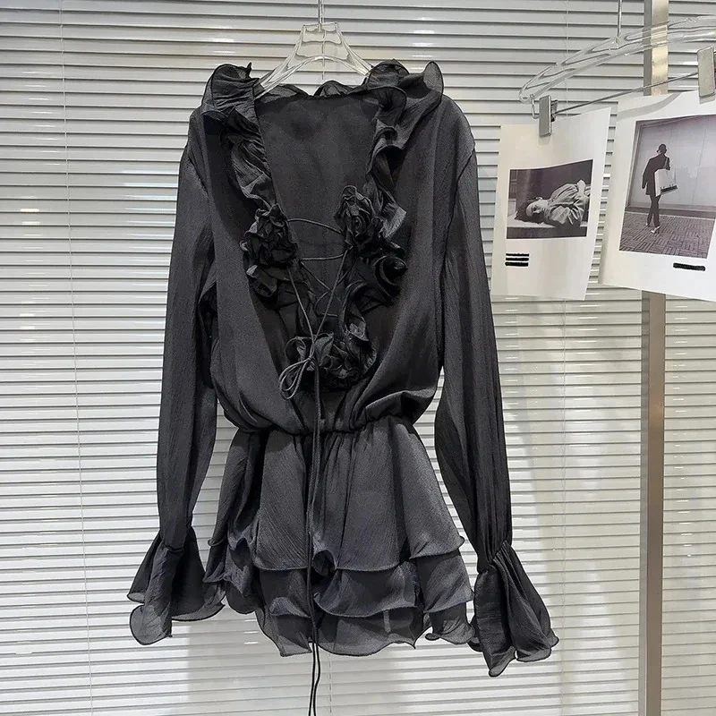 

Fashion Women's V-neck Flower Edge Flare Sleeve Mesh Dress Elegant Vacation Waisted Solid Color Dresses Female