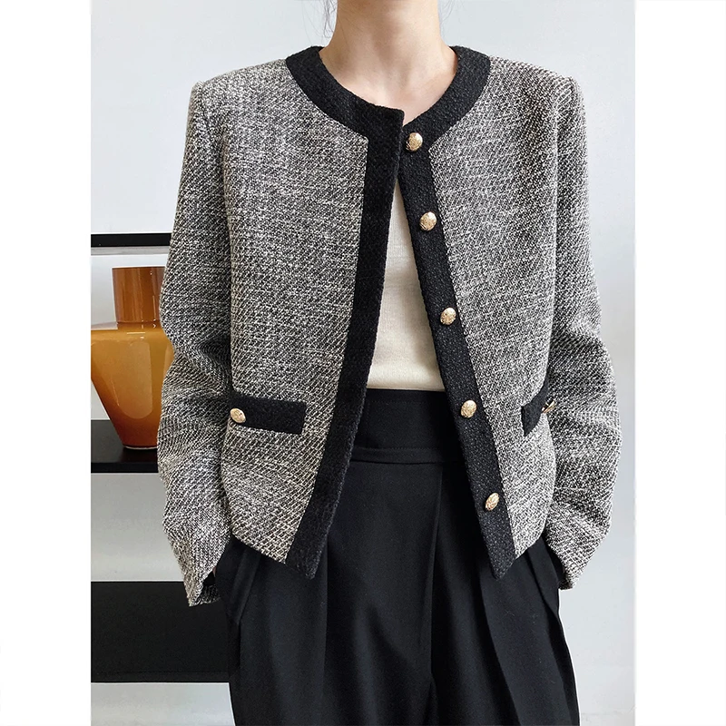 

Fashion Contrast Tweed Jacket Woman Luxury Single Breasted Long Sleeve Female Cardigan Autumn Simple O-Neck Short Coat Women'S
