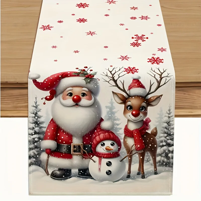 1pc Linen Christmas Table Runner, Red Snowflake Pine Tree Santa Claus Reindeer Snowman Design, Holiday Table Decor for Dining Ta