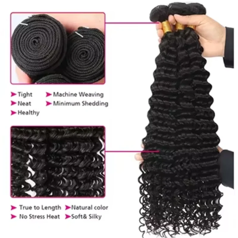 Paquetes de ondas profundas Cabello humano Cabello virgen brasileño Onda profunda 12A Extensiones de cabello humano sin procesar Negro natural