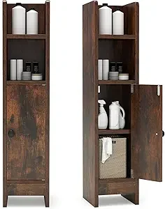 

Small Bathroom Storage Cabinet, Narrow Slim loor Cabinet with Adjustable Shel & 2 Open Shelves, Bathroom Storage or Small Spaces