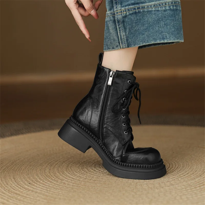 2026 Autumn Winter Women Boots Fashion Round Toe Shoes for Women Handmade High Heel Knight Boot Chunky Heel Platform Short Boots