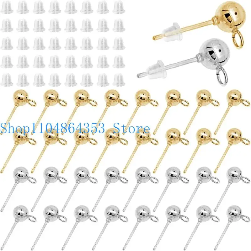 652F 120Pcs/set Ball-Front Earring Findings with Integrated Rings for Adding Beads