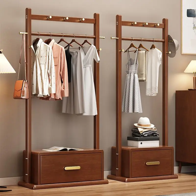 Solid wood coat rack Floor-to-ceiling bedroom hanger, drawer integrated household storage multi-functional