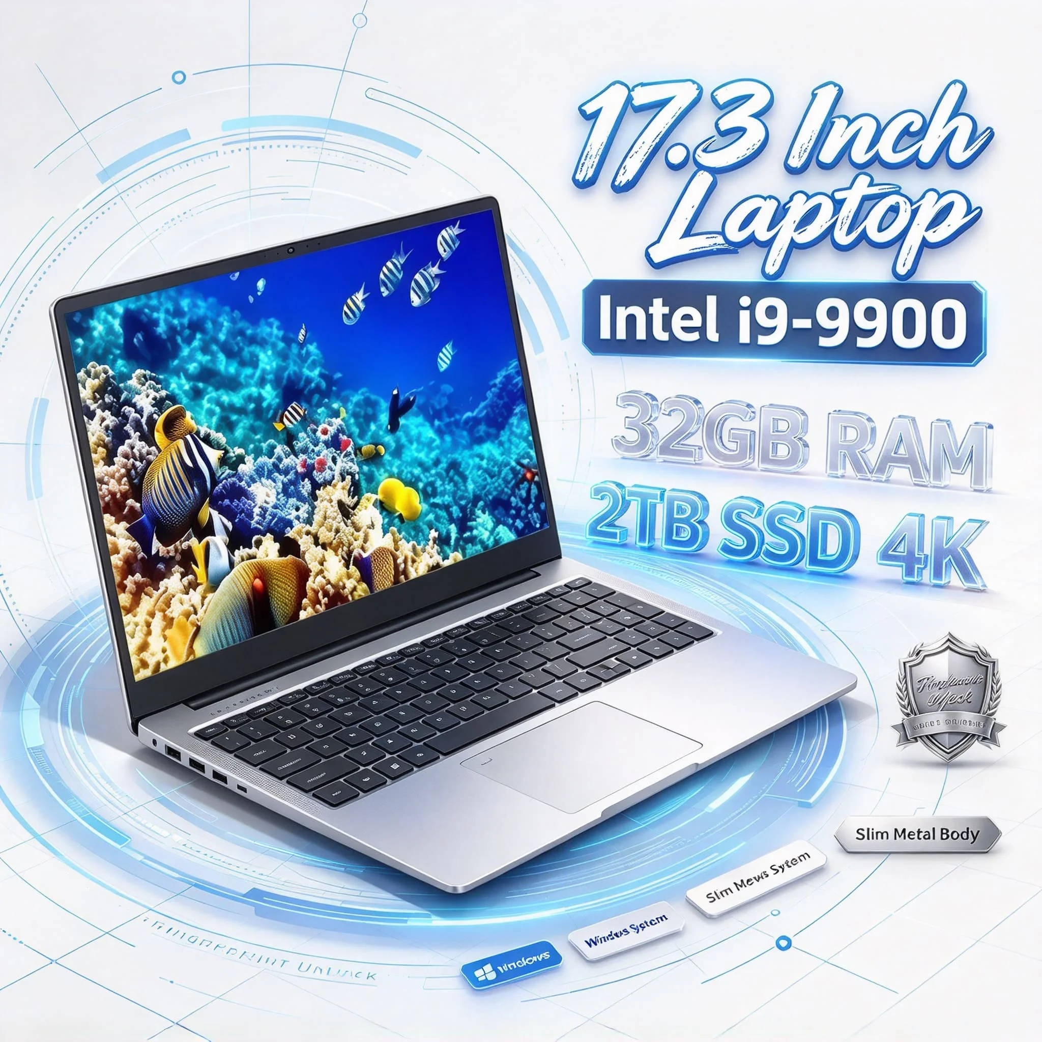 Intel i9 9900 17.3 Inch Notebook 32GB RAM 2TB SSD Fingerprint Unlock Full HD Screen High Performance Work Gaming Pro Max
