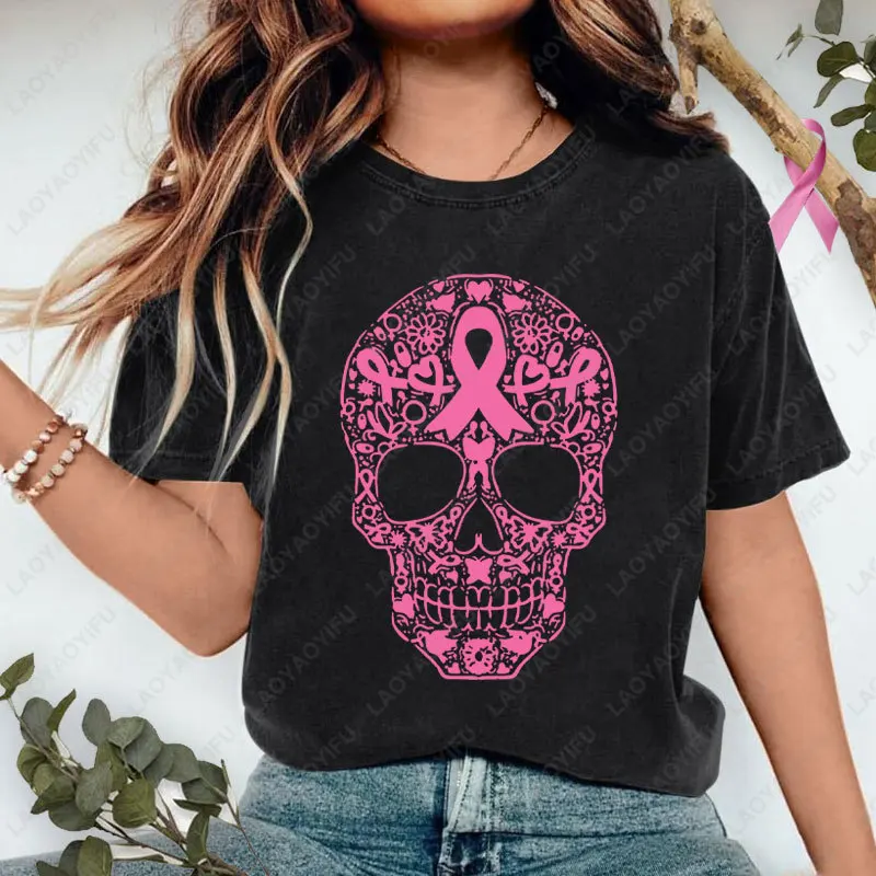 Sugar Skull Pink Ribbon Calavera Breast Cancer Awareness T-Shirt Retro Trend Cool Street Tees Men Woman Cotton Breathable Tshirt