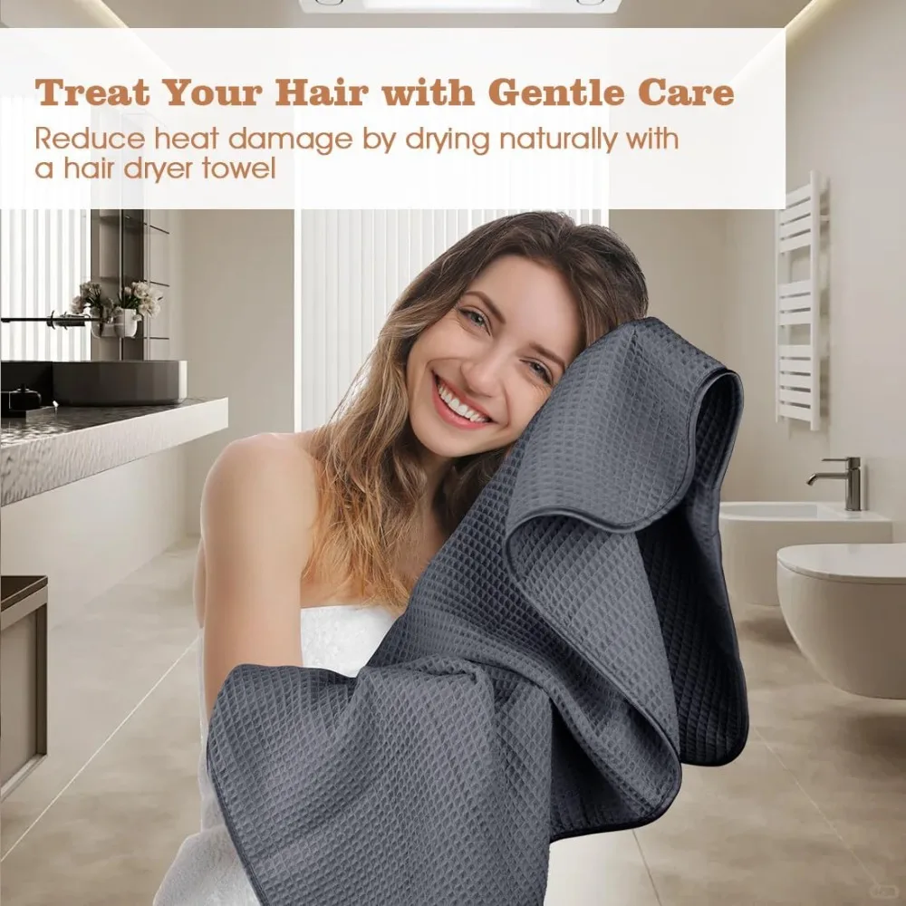 Microfiber Hair Towel Wrap for Women Long Curly Hair Super Soft Fast Drying Waffle Towel with Elastic Strap 40X26.5 Grey Brown view 3