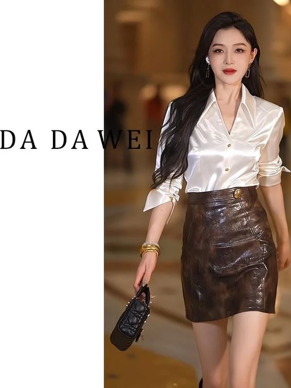 

Unique Beautiful White Shirt And Skirt Set for Women Professional Autumn Winter Fashion Korean Style Long Sleeve Neck