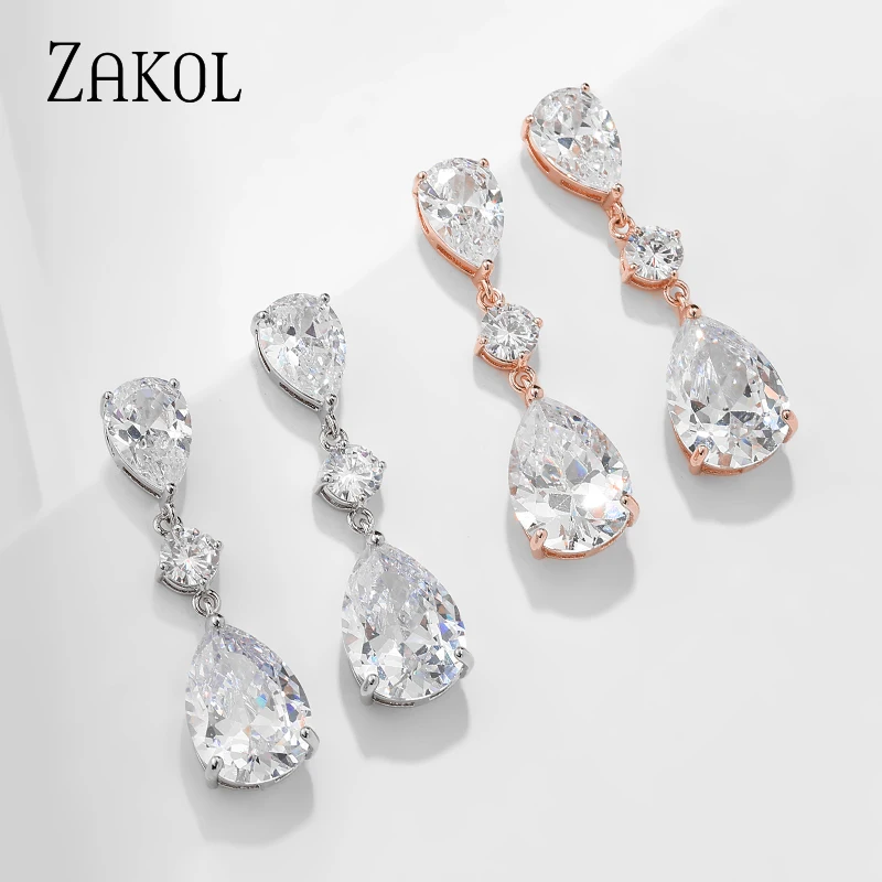 ZAKOL Shinny Zirconia Teardrop Dangle Earring for Women Fashion White Gold Color Bridal Earrings Wedding Jewelry Brincos EP2426 image 4
