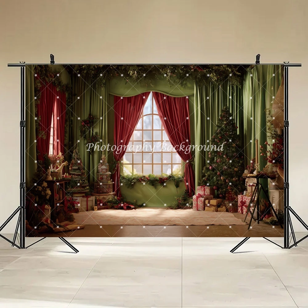 Christmas Indoor Scene Backdrop Xmas Tree Red Curtains Gifts Decor Festive Kids Family Portraits Backgrounds for Photographs