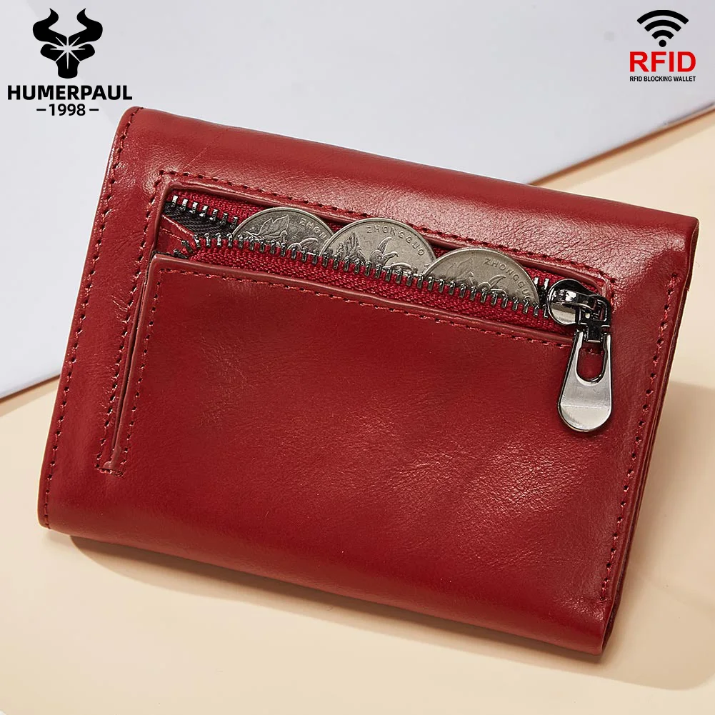 HUMERPAUL Genuine Leather Women's Wallet RFID Trifold Credit Card Holder Minimalist Slim Clutch Coin Pocket Carteira