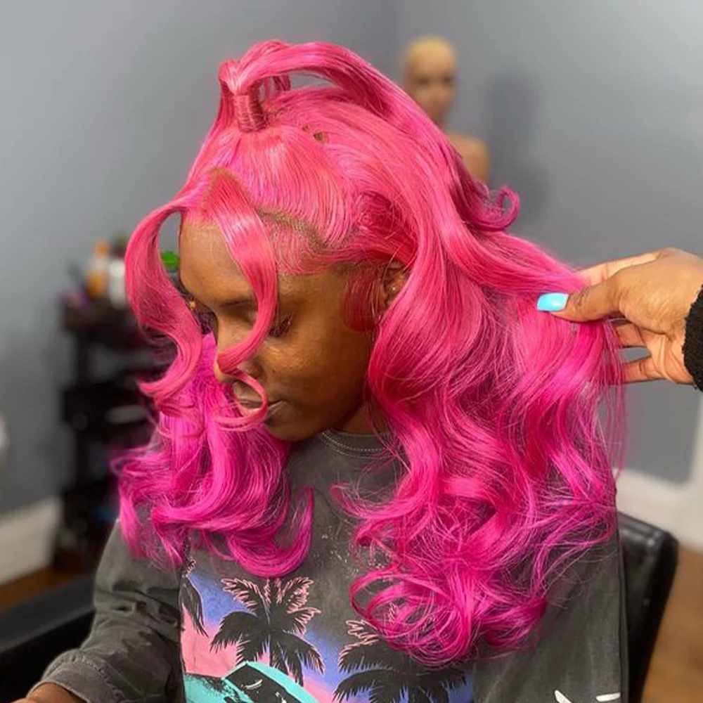 

100% Human Hair Wig Rose Pink 13x4 Lace Frontal Wigs Pre Plucked Body Wave 613 Colored Dark Pink 13x6 Lace Front Wig For Women