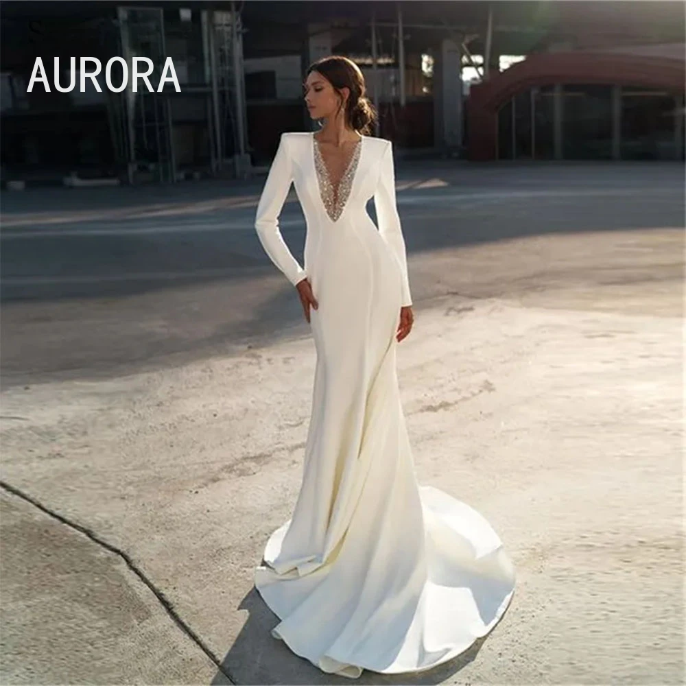 

Elegant Beaded V Neck Mermaid Wedding Dress Long Sleeves Satin Bridal Gown Sweep Train Beach Robe De Mariee vestidos de novia