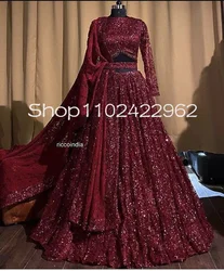 Traditional Indian Two Pieces Burgundy Wedding Dresses Gillter Lace Sequins Beaded Lehenga Caftan LLong Sleeve Bridal gown