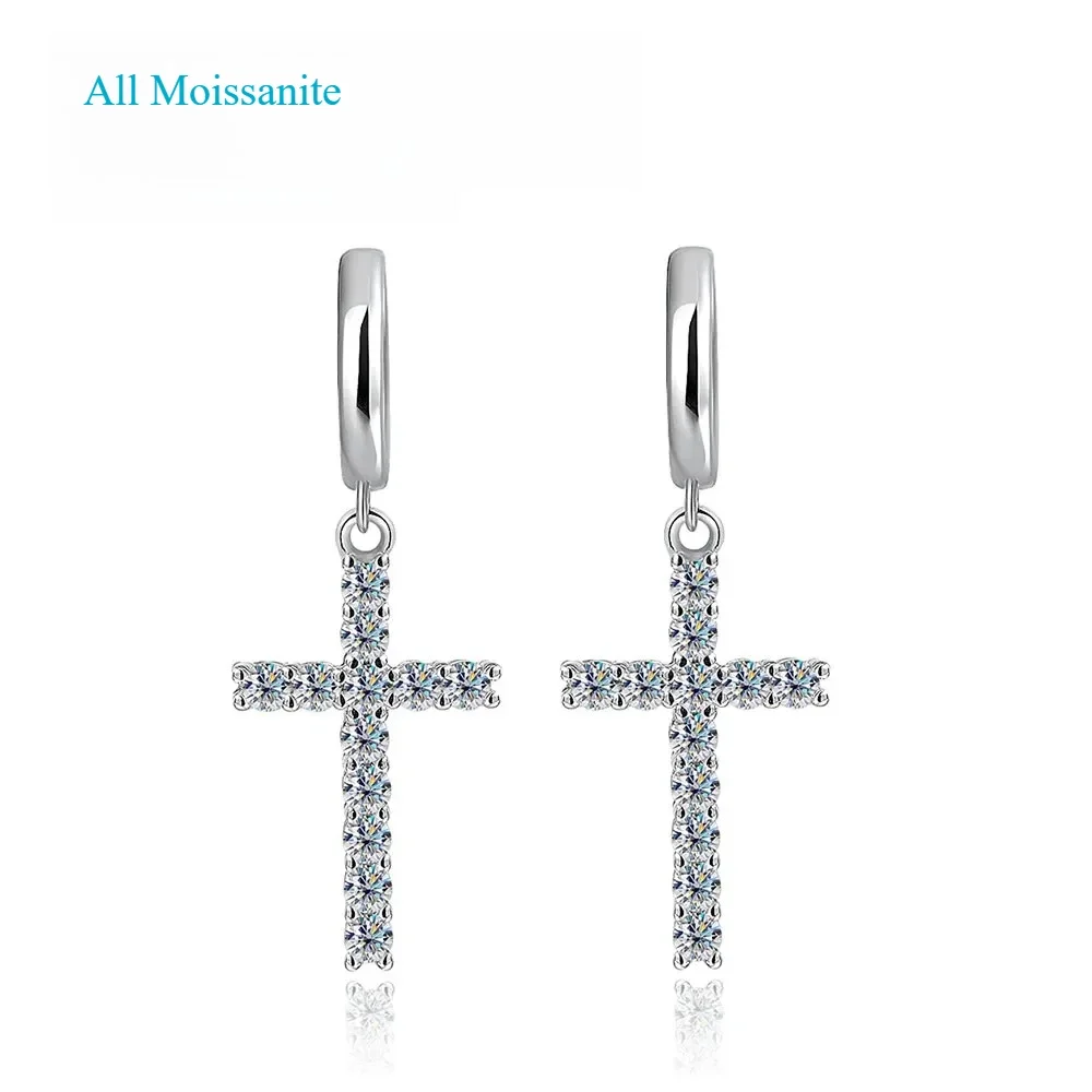 

D VVS1 Cross Moissanite Earrings for Women Man GRA Certified Round Diamond Solid s925 Silver Plated 18k Hoop Earring