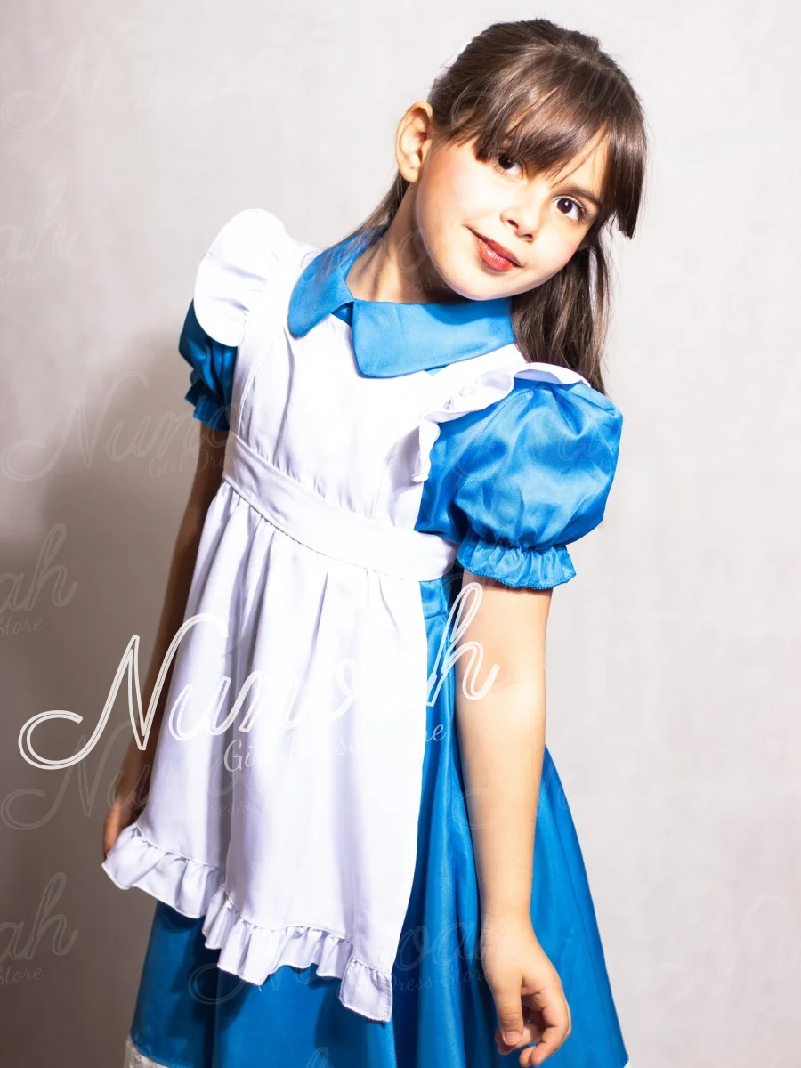 Flower Girl Dress for Wedding Blue Satin Puff Sleeve Dress With White Ruffle Apron Fancy Dress First Communion Gown Customized