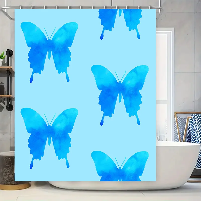 Blue Butterfly Watercolor Shower Curtain Waterproof Bath Rug Decoration for Bathroom Home Decor 20x72（51*183cm）