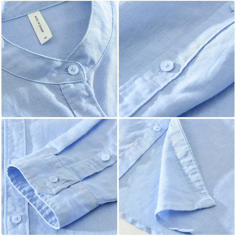 Solid Stand Collar Shirt Men Spring Summer Cotton Linen Shirt Man Japanese Style Daily Casual Long Sleeve Shirts Breathable Top