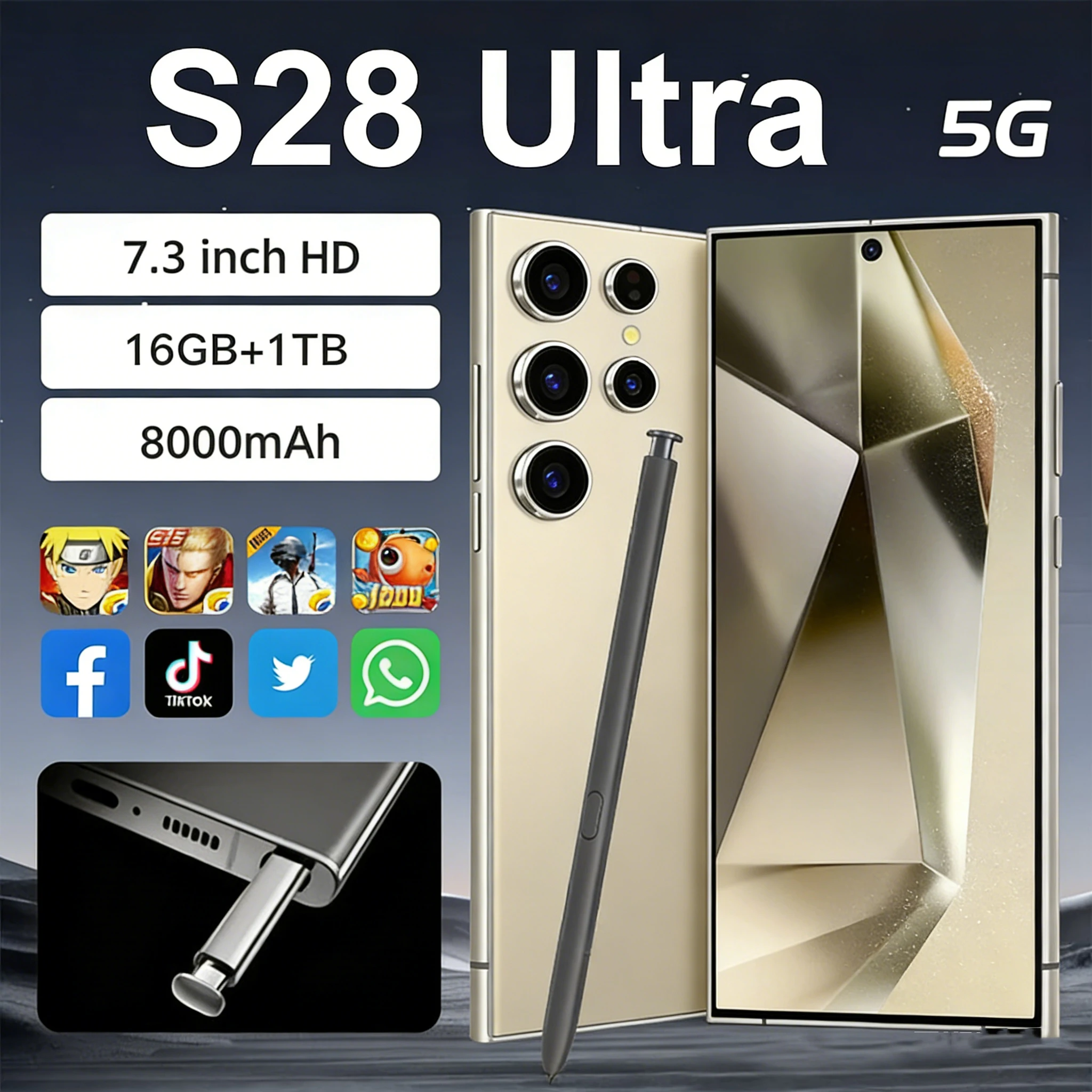 

NEW 2026 HOT Silicone Case For S28 Ultra 7.3 inch 24GB+2TB 5G 7800mAh 108MP Type-C PC