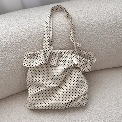 Retro Dot Women's Canvas Shoulder Bag Ruched Design Ladies Commute Shopping Bags Large Capacity Female Travel Tote Purse Handbag