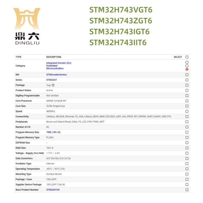 STM32H743VGT6 STM32H743ZGT6 STM32H743IGT6 STM32H743IIT6 Microcontroller IC 32-Bit 100LQFP