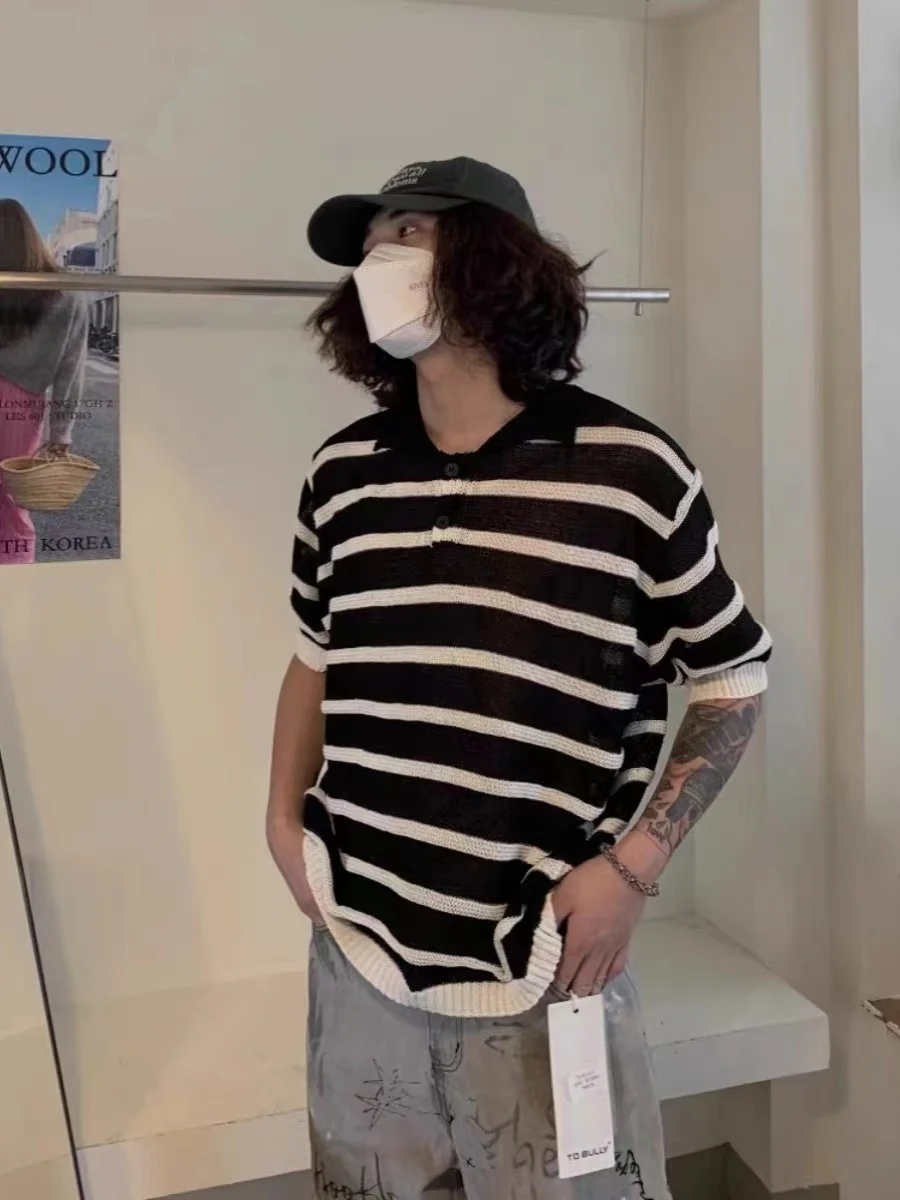 

Summer New Vintage Japanese Sle Color Blo Striped Knitted T-irt Men Loose Casual Versatile Collared ort Sve Top Tr...