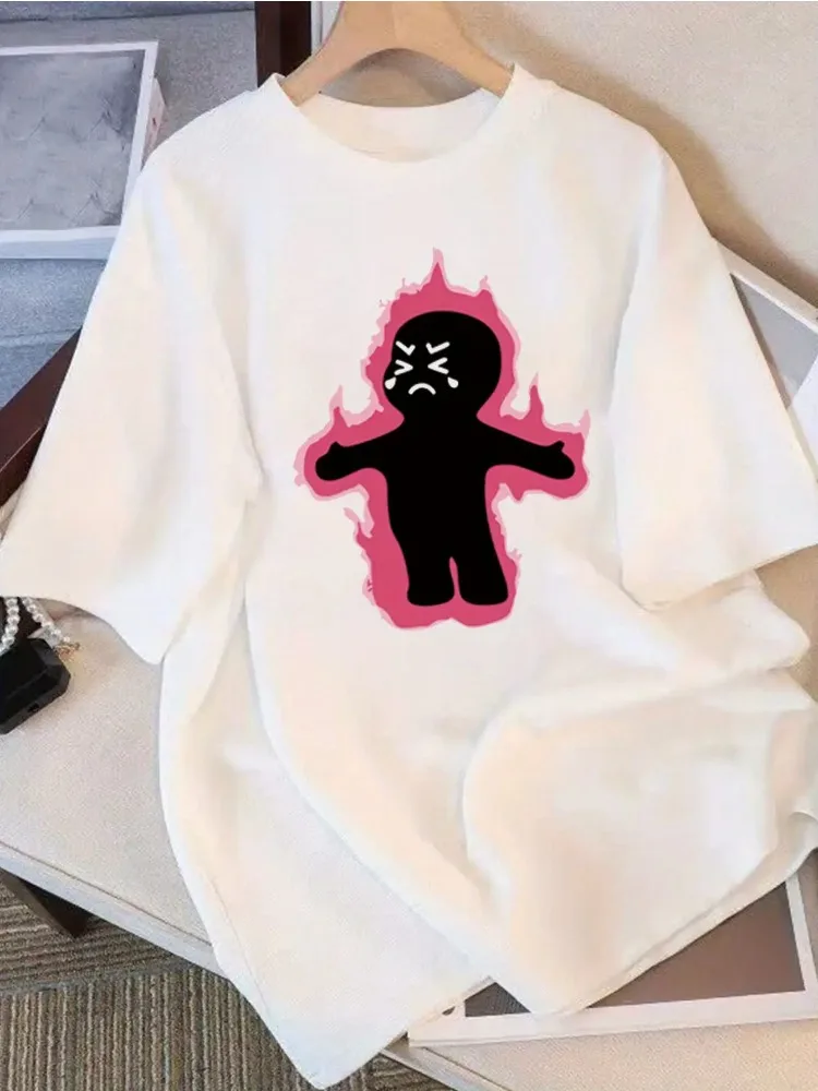 

Женская милая футболка с розовым пламенным узором, мягкая и свободная футболка с круглым вырезом и короткими рукавами, повседневная забавная футболка с мультяшным принтом