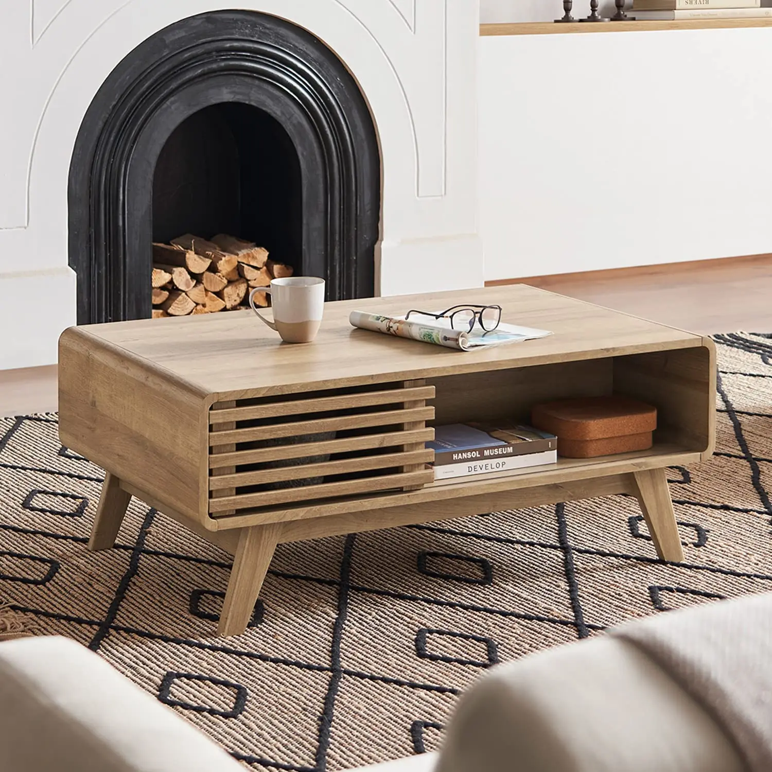 

Oak Wood Coffee Table with Storage Fluted Mid Century Modern Farmhouse Living Room, Customized