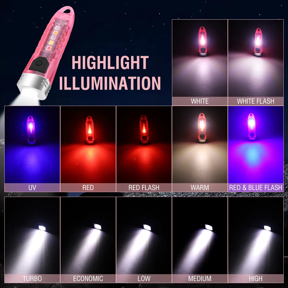 BORUiT V1 Keychain Flashlight Type-C Rechargeable Torch PINK Portable Mini Work UV Light Waterproof Pocket Camping Lantern