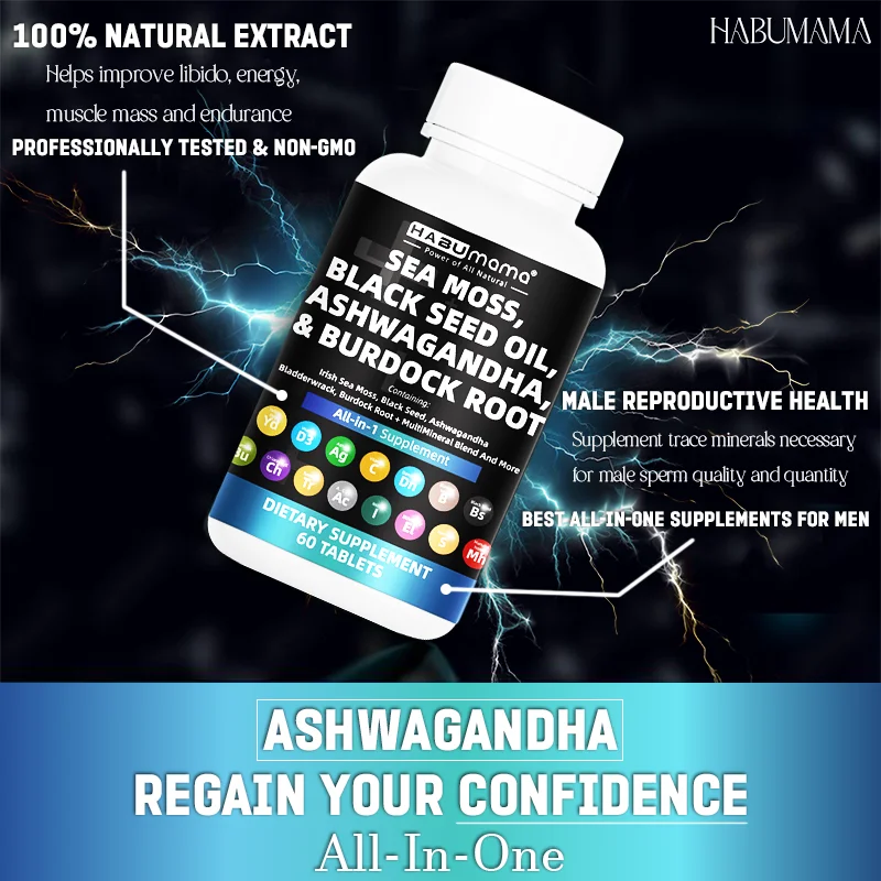 HABUMAMA - Men\'s Seamoss & Ashwagandha TestBooster - Stamina, Endurance, & Strength Booster - 60 Pills