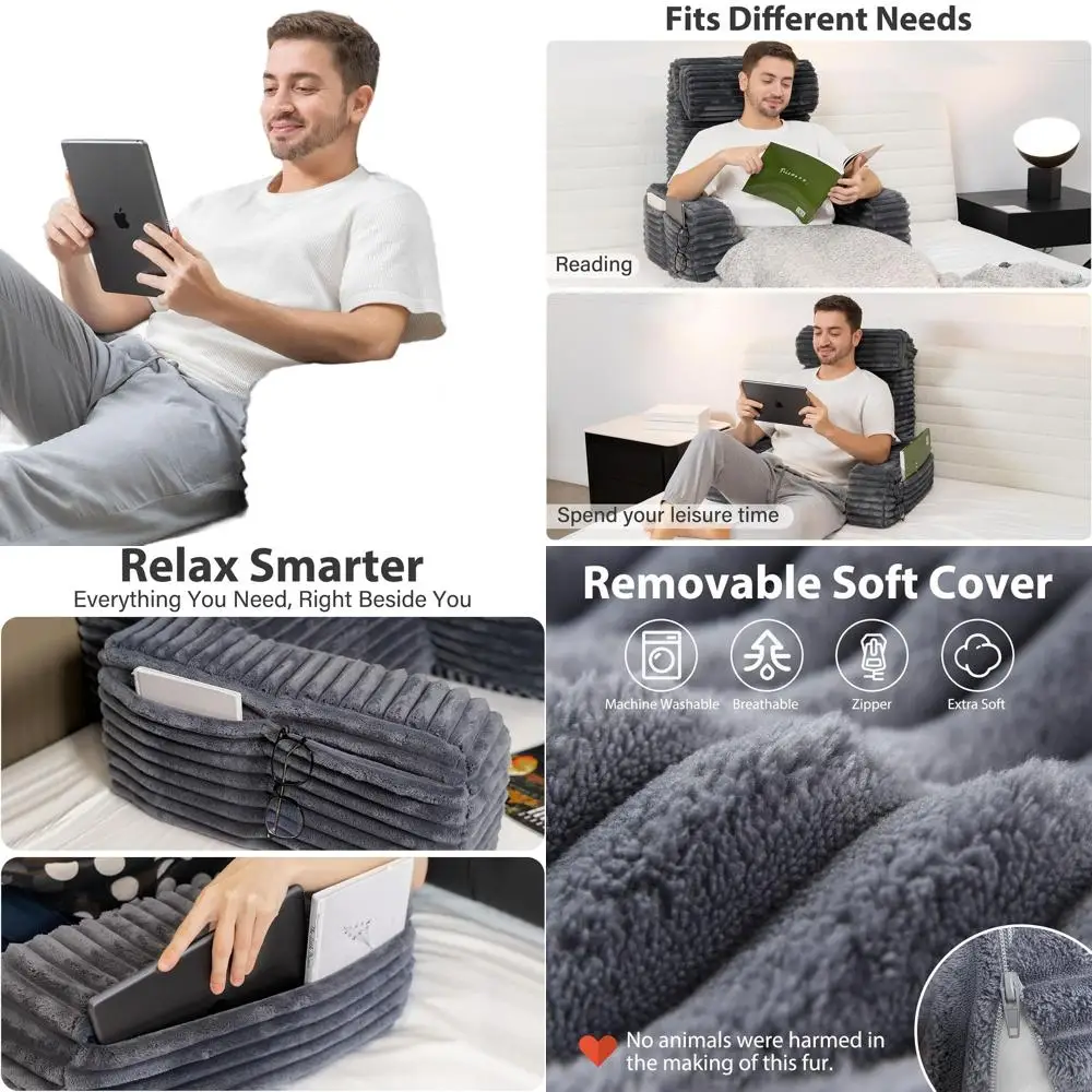 

Extra Large 24in Bed Backrest Pillow with Pockets and Armrests for Comfortable Sitting, Reading, and Post-Surgery Recovery - Gre