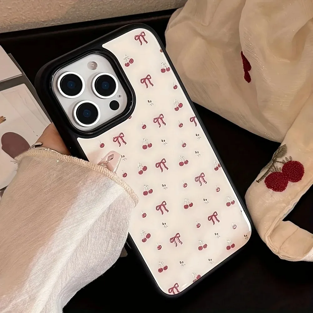 INS لطيف الكرز الأحمر Bowknot حافة سوداء جراب هاتف آيفون 17 الهواء 15 16 17 برو ماكس 14 برو 13 12 زائد الفاخرة الصلب الغطاء الخلفي