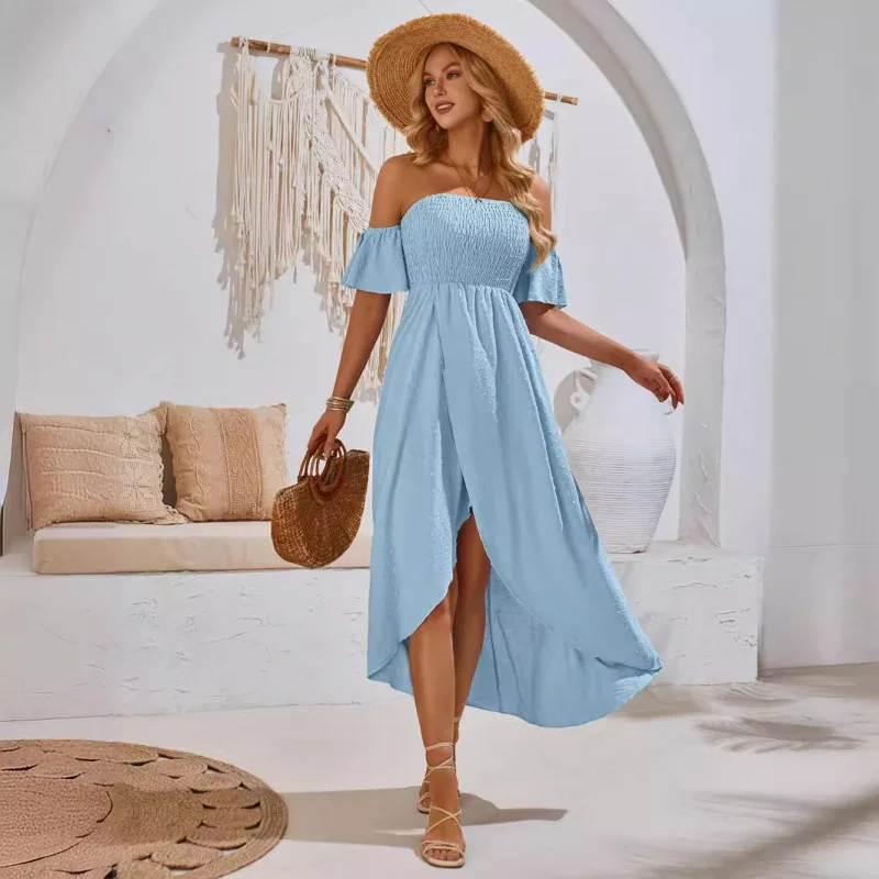 TemuSummer Self-Shot Casual Women's Solid Color Fresh Style Gathered Long Dress