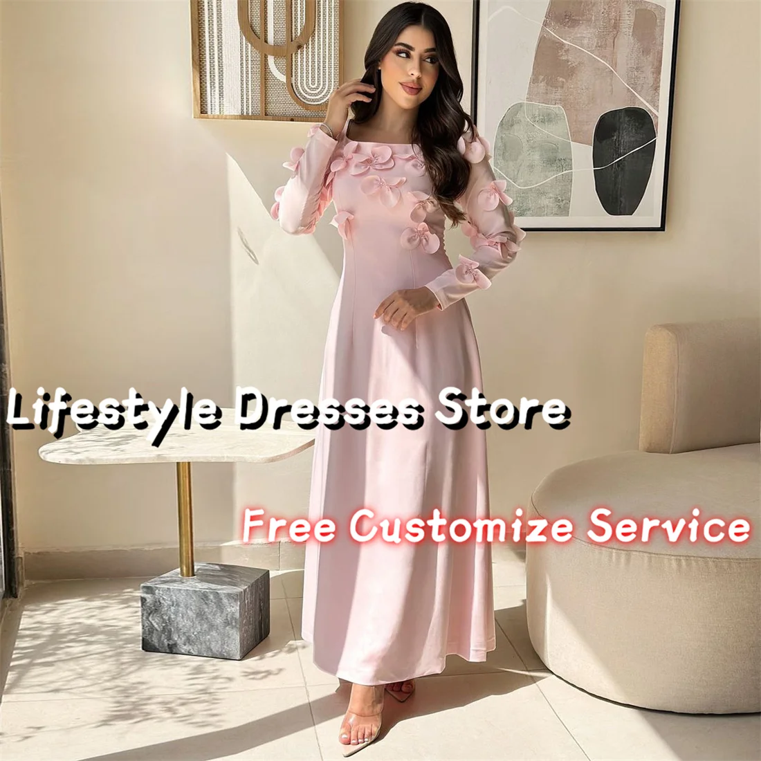 

Elegant Long Sleeves Beads Evening Dresses A-Line 3D Flowers Prom Dresses Wedding Formal Party Gown