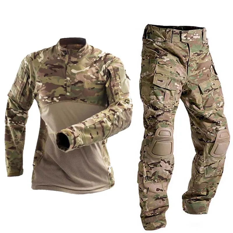 

Outdoor Uniform Tactical Shirts Waterproof Clothing Tops Outdoor Camo Hunting Suits Pants+ Pads Breathable T-Shirt