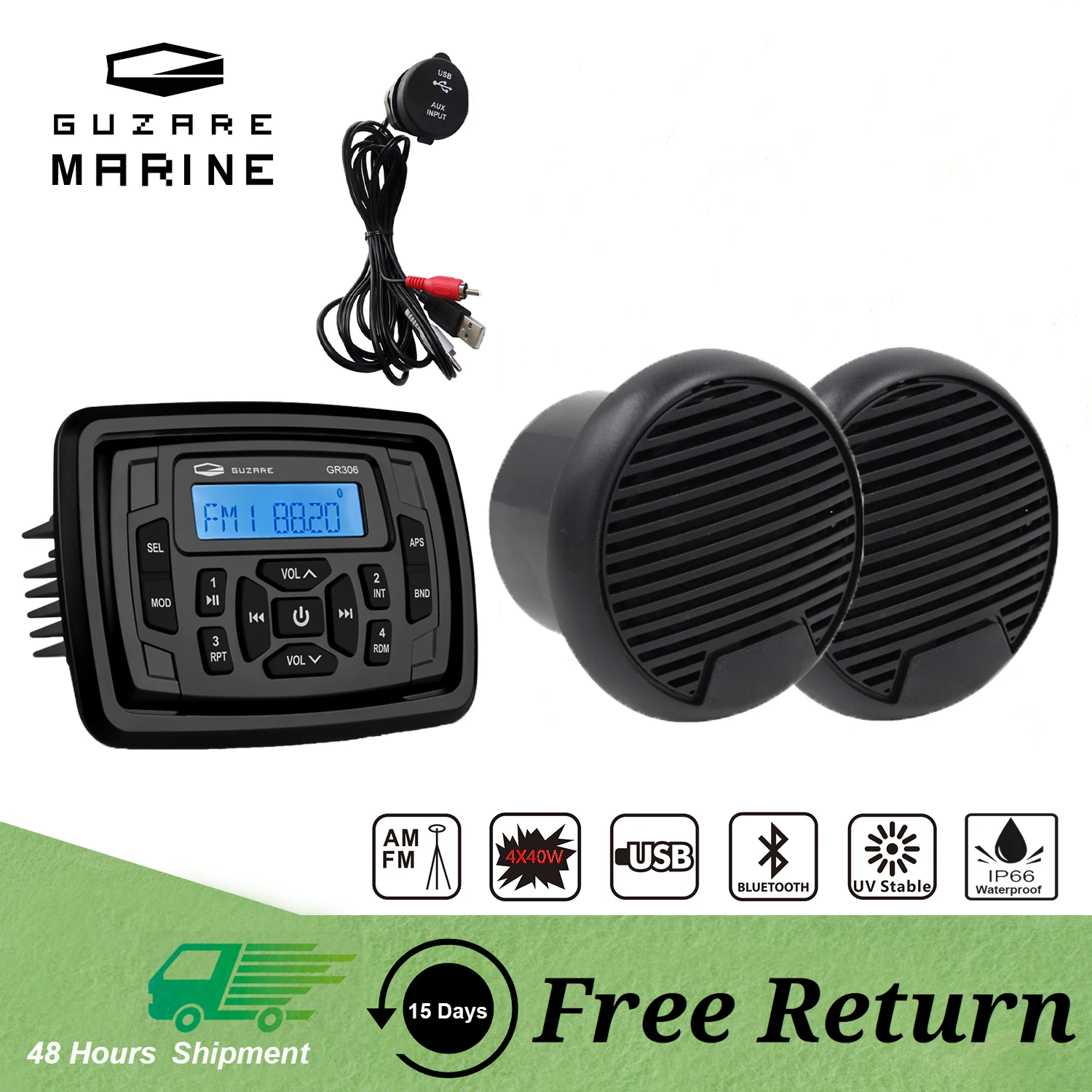 GUZARE MARINE Stereo Boat Radio FM Receiver,3-Inch Waterproof Speakers,AUX Audio Extend Cable,for Polaris Ranger/XP Off Road UTV