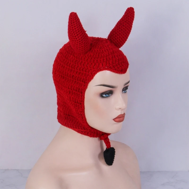 Q0KE Earflap Knit Devil Hat Y2k Devil Horn Hat Earflap Hat Y2K Halloween Funny Hat Little Devil Hat