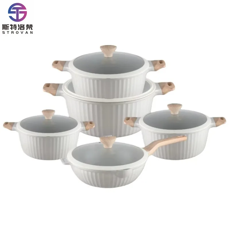 10/12 Pieces Vertical Stripe Non-stick Cookware Set Die-cast Aluminum Gas Induction Cooker Universal Cooking Pots Set with Lid