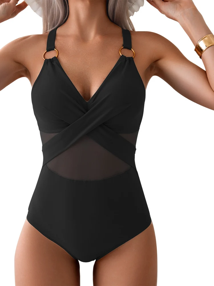 Sexy Ruffled Black Swimwear Women One Piece Deep V-neck Mesh Patchwork Swimsuit 2024 Trend Solid Color Backless Bathing Suit