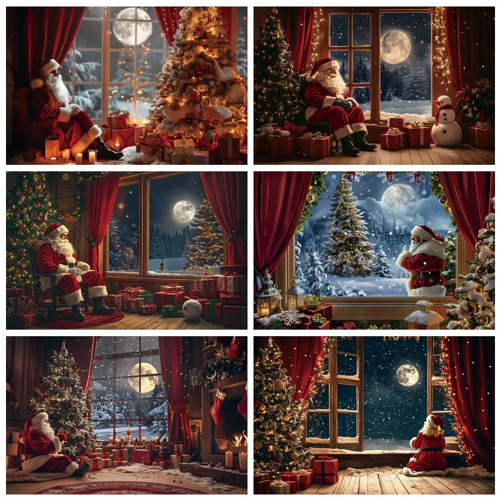 

Christmas Window Santa Claus Bakcdrop Xmas Tree Gifts Night Moon Kids Family Party Photography Background Decor Photostudio Prop