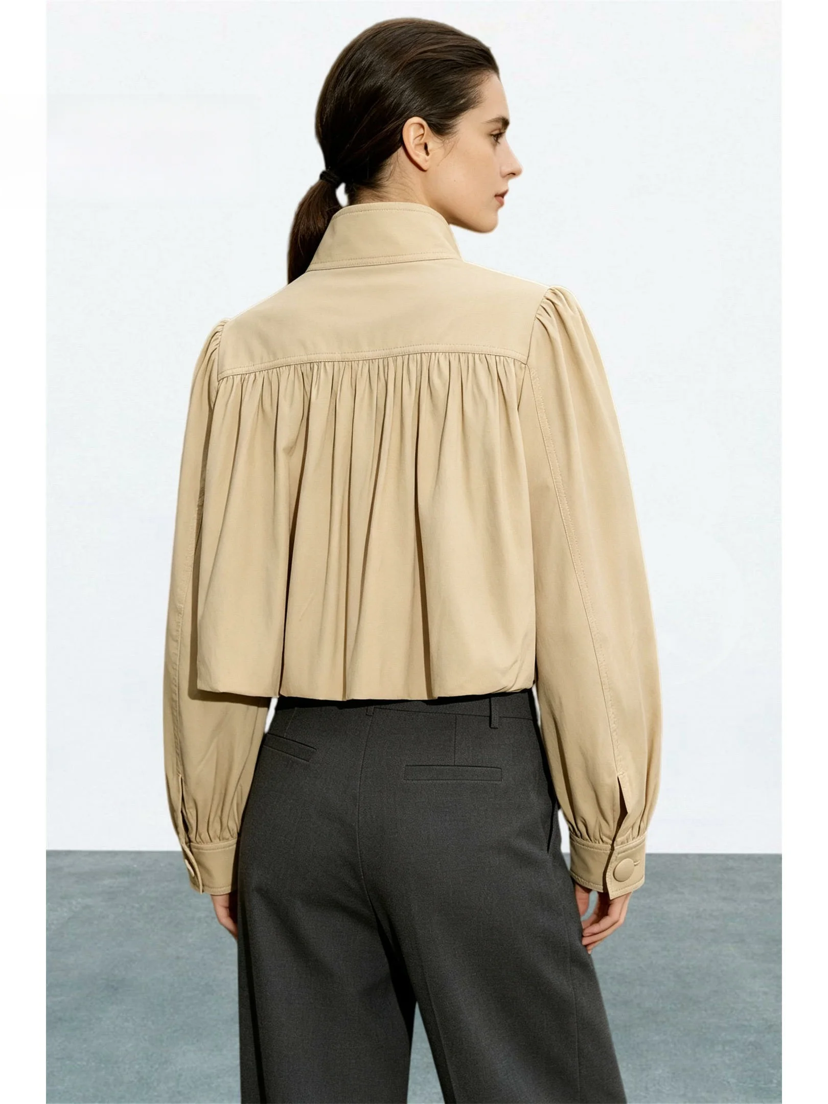 Casual Style Short Zipper Jacket Women's Bubble Sleeve Stand Collar Coat Autumn New Arrival Cotton Blend Fabric Standard Fit