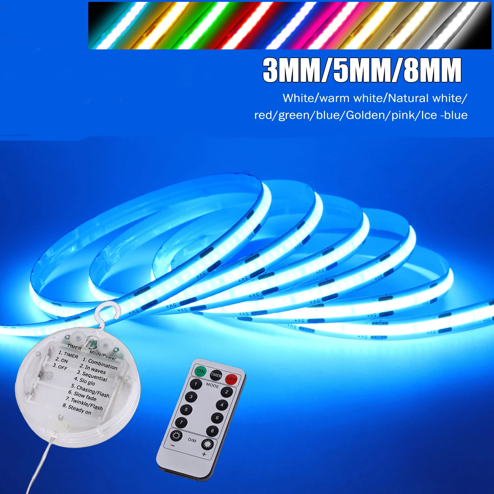 Tira de Luz LED COB Regulable de 5V, 8 Modos, con Caja de Batería, 3MM 5MM 8MM, Blanca/Roja/Azul/Rosa/Verde, Flexible, Retroiluminación para TV