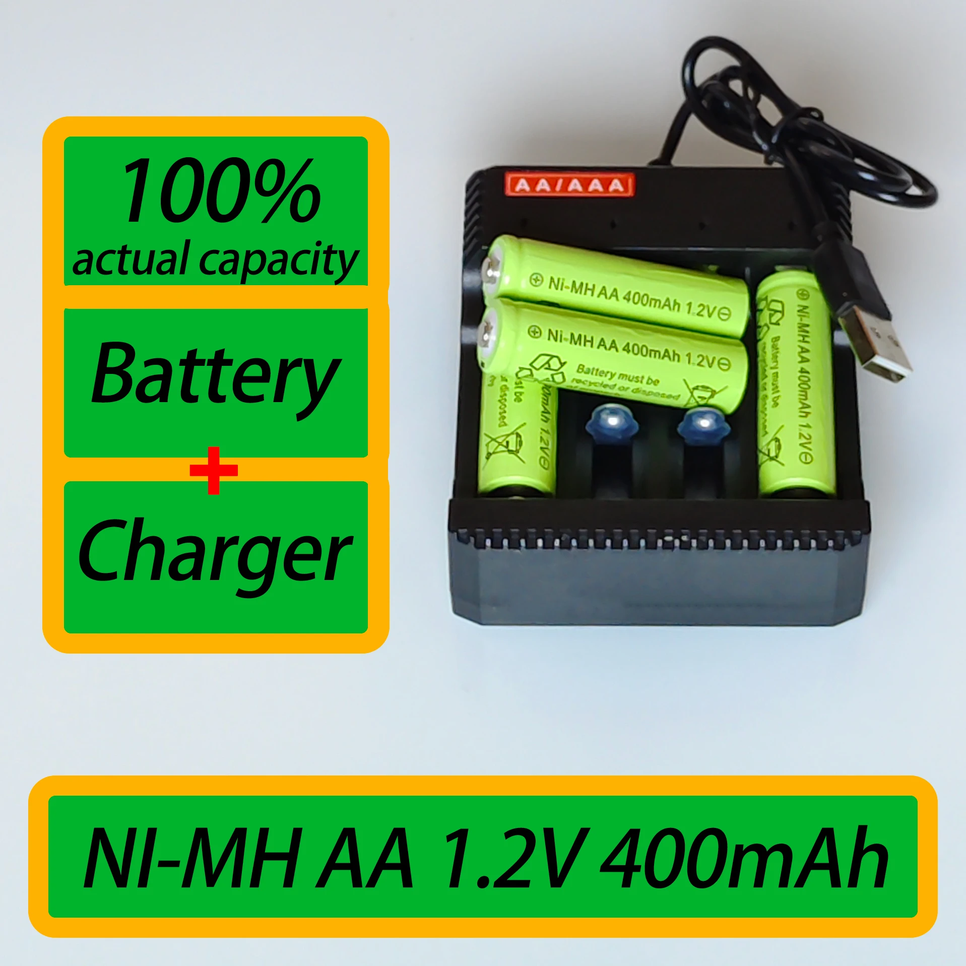 Piles rechargeables Ni-MH AA 1,2 V 400 mAh avec chargeur pour appareils ménagers, jouets, dispositifs médicaux