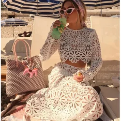 Women See Through Crochet Top 2 Piece Set Elegant Hollow Out Flare Long Sleeve Top Slim Hip Package Skirts 2024 Summer Lady Suit