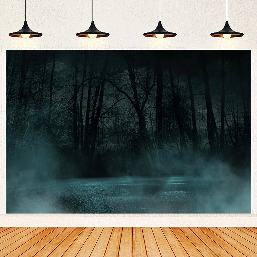 Forest Misty Dark Halloween Photography Background Scary Moon Night Spooky Pumpkin Halloween Party Backdrop Photo Studio Props